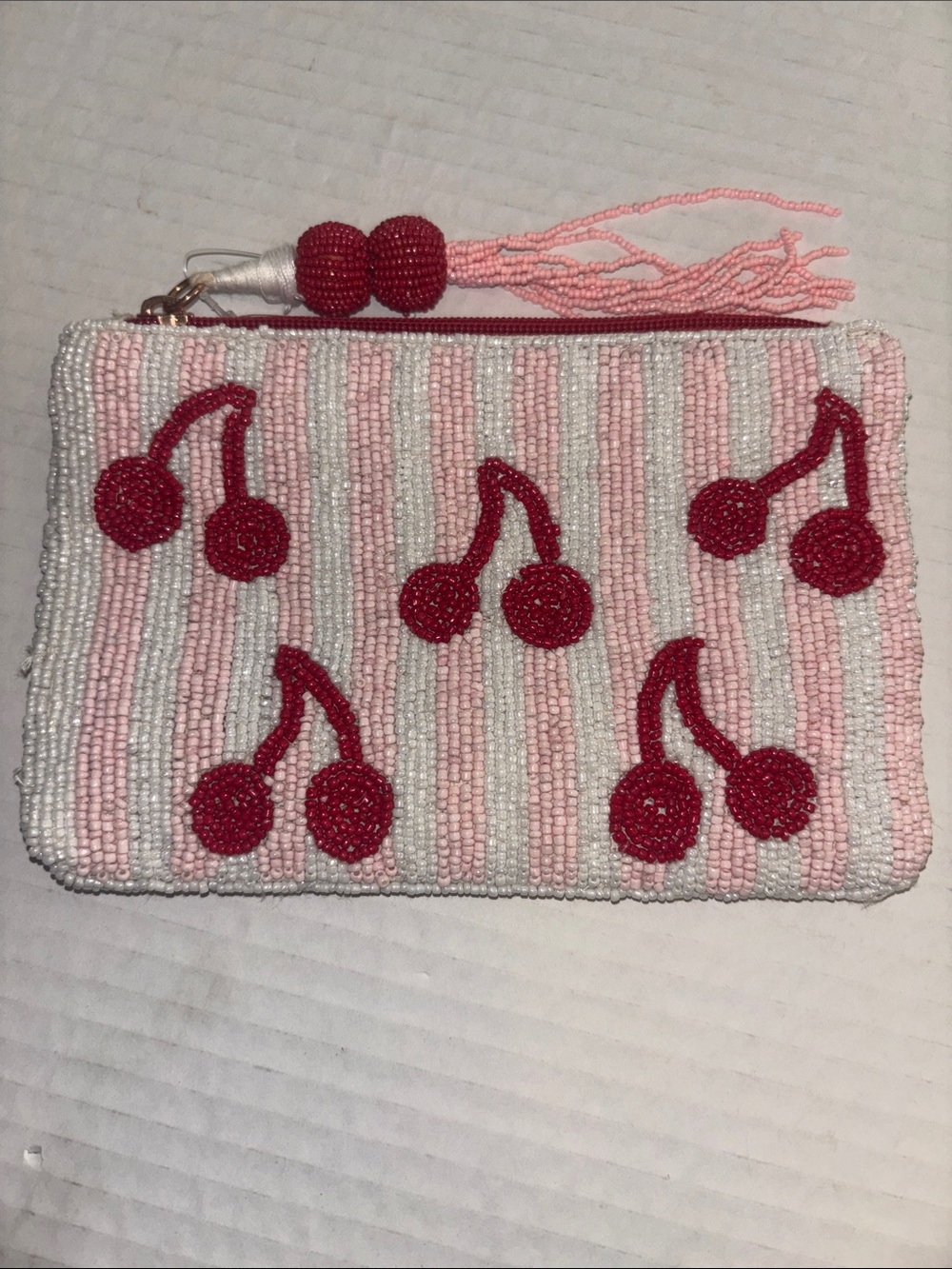 CHERRY BEADED BAG WHITE PINK STRIPED WITH CHERRY DESIGN BEADED TASSEL ZIP PULL